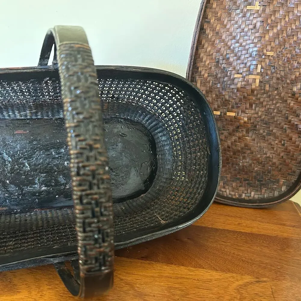 Vintage, Hand-Woven Chinese Bamboo and Rattan Basket, Black Lacquer